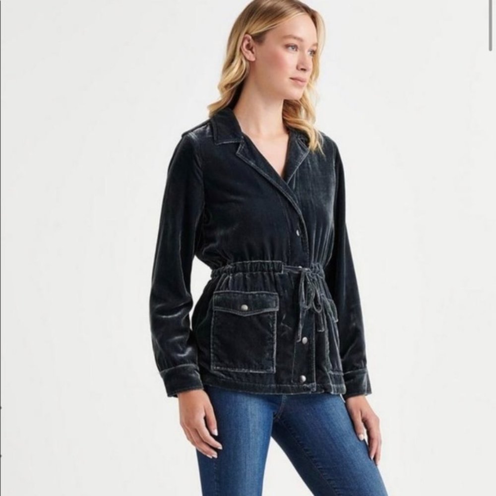 LUCKY BRAND slate grey velvet velour button front utility shacket jacket